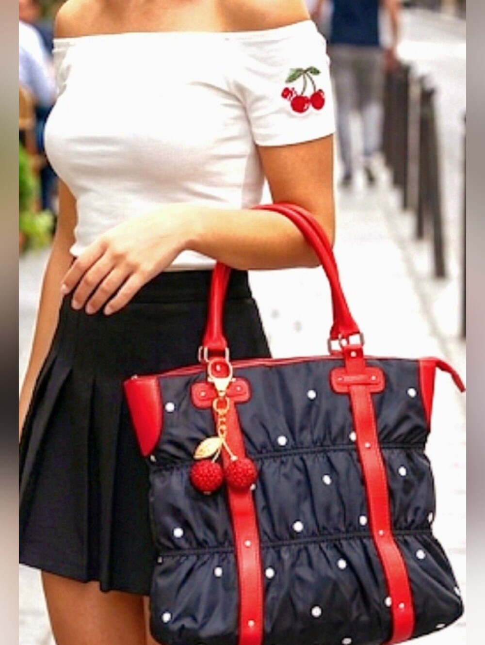 Cherrylicious Bundle! Polka Dot Tote & Rhinestone Cherry Bag Charm 🍒 Dazzling!
